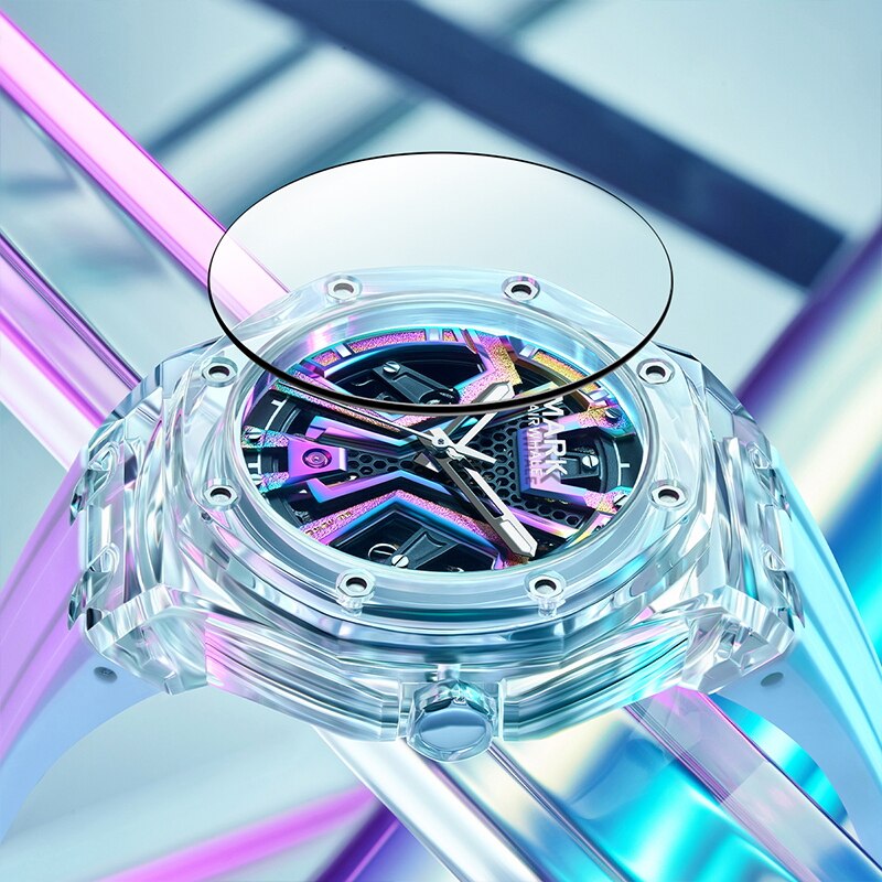 Close-up of Mark Fairwhale FW-6550 FLAROG skeleton men’s automatic watch under neon reflections.