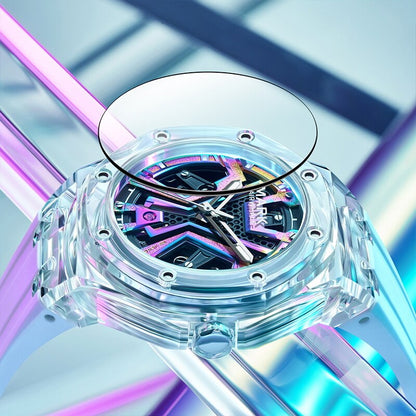 Close-up of Mark Fairwhale FW-6550 FLAROG skeleton men’s automatic watch under neon reflections.