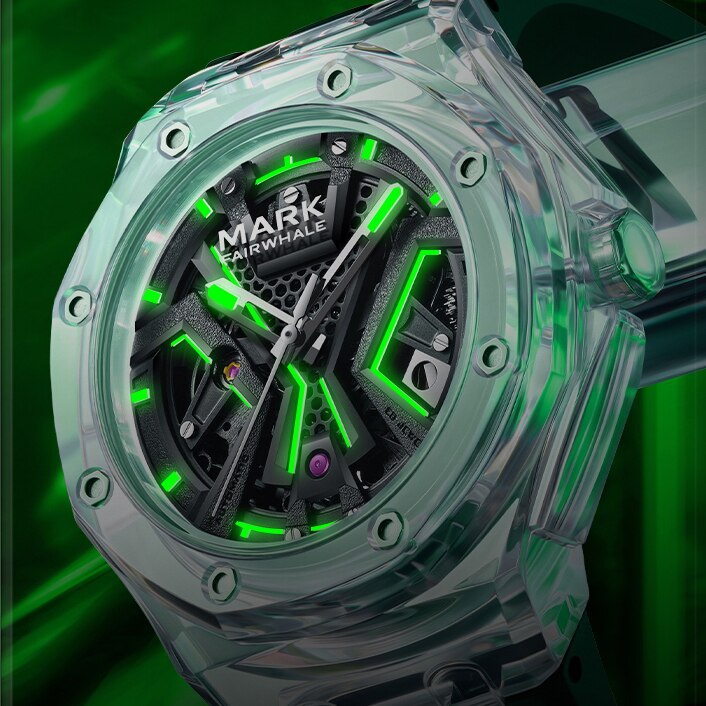 Mark Fairwhale FW-6550 FLAROG men’s automatic watch glowing with green luminous details.
