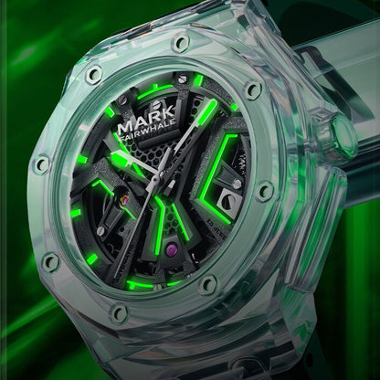 Mark Fairwhale FW-6550 FLAROG men’s automatic watch glowing with green luminous details.