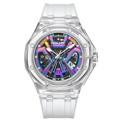 Mark Fairwhale FW-6550 FLAROG men’s automatic watch featuring multicolor skeleton dial and transparent strap.