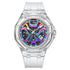 Mark Fairwhale FW-6550 FLAROG men’s automatic watch featuring multicolor skeleton dial and transparent strap.