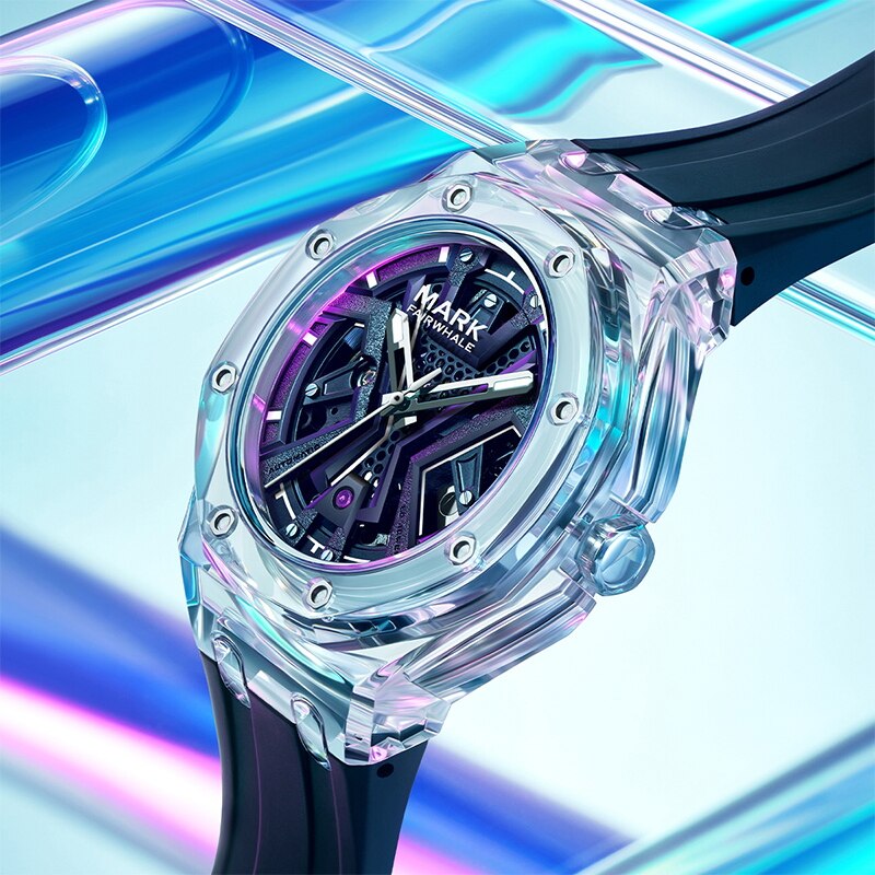Angled perspective of Mark Fairwhale FW-6550 FLAROG men’s automatic watch with luminous skeleton dial.