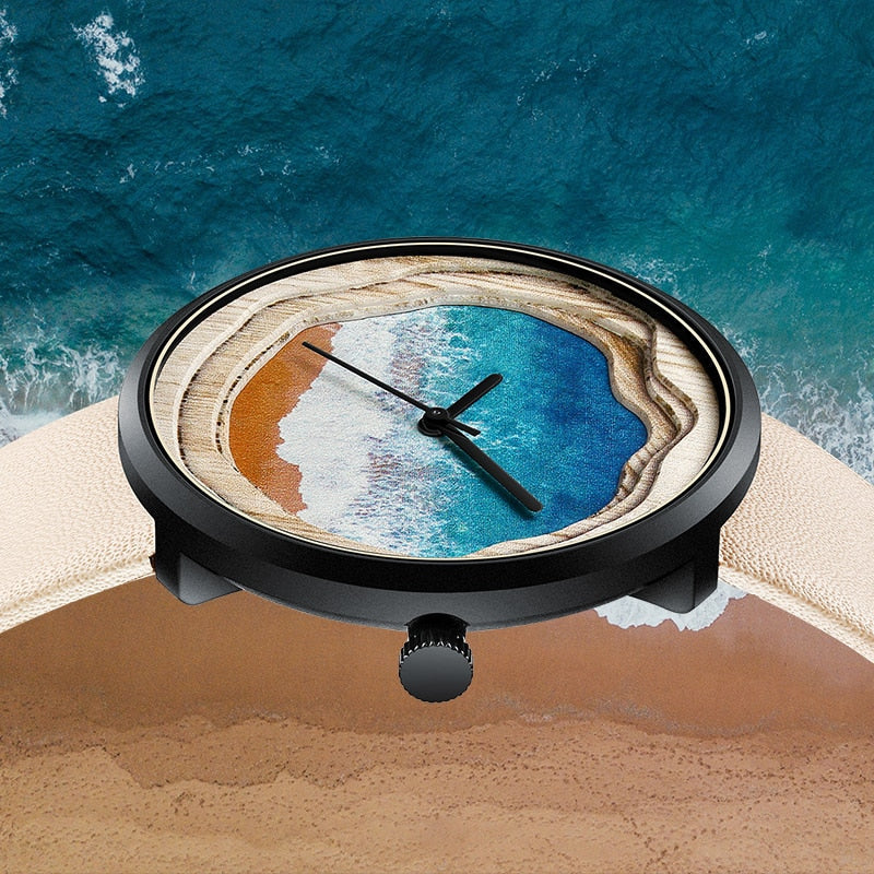 Close-up of OCELYA starry ocean dial watch by Fairwhale, minimalist women’s watch with scratch-resistant glass and elegant numberless face.